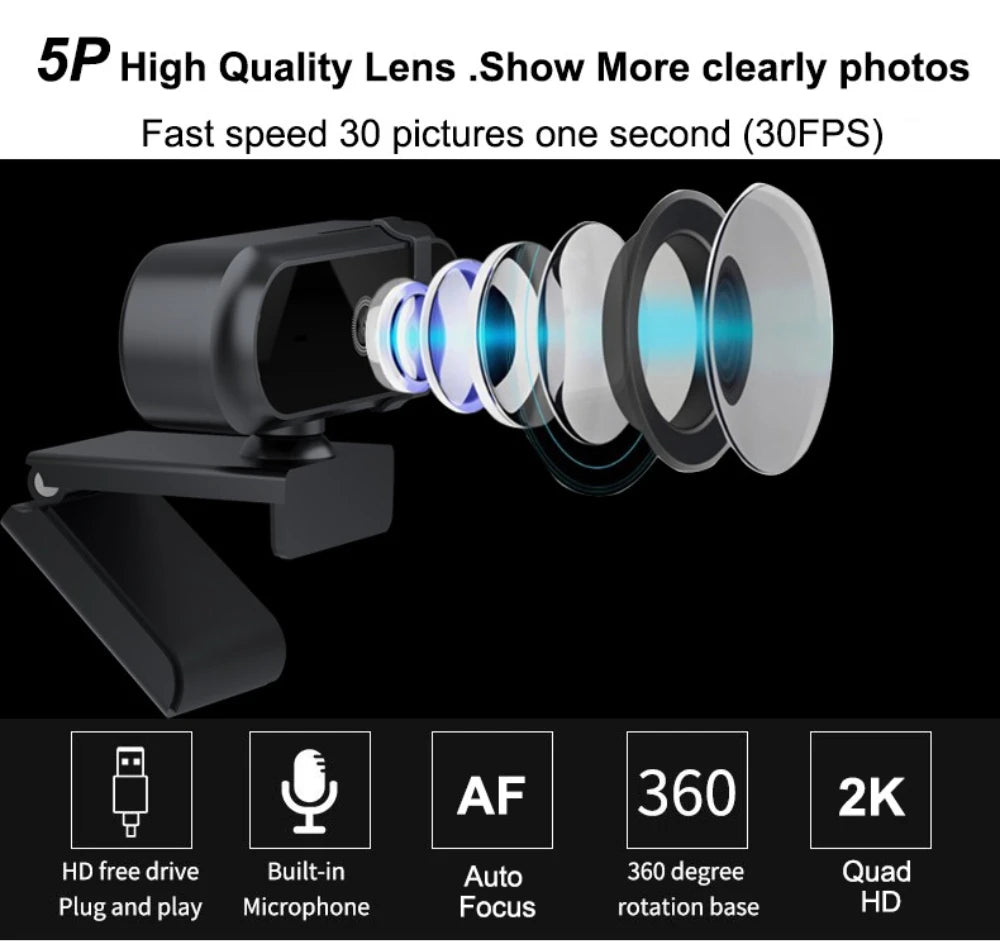 4K 2K Autofoucs Microphone Webcam 30fps Full HD for Gamer Live Video Calling Online Meeting Driver Free USB Plug Privacy Cover