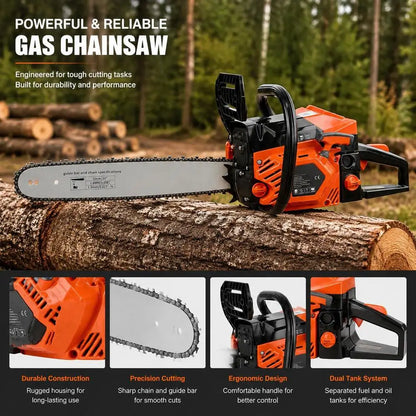 62Cc 2.7Kw Thermal Chainsaw 2-Stroke Gasoline Chain Saw for Wood Cutting, Pruning, Weeding, with 508mm Guide Bar, Throttle Synchronized Starter, Dual Tank
