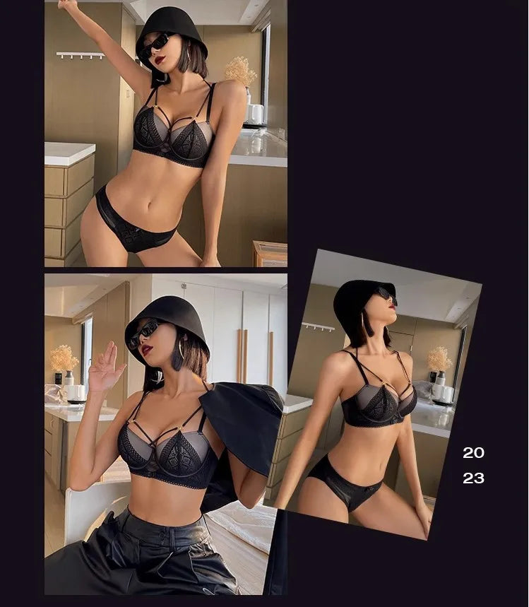 Women's Sexy Push up Lingerie Set French Lace Half Cup Bra with Garter Belt Summer Underwear Demi Bra Transparent