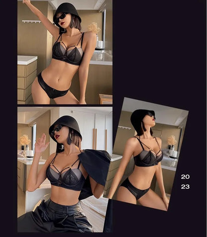 Women's Sexy Push up Lingerie Set French Lace Half Cup Bra with Garter Belt Summer Underwear Demi Bra Transparent