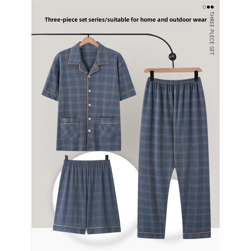 3/pce Set Men Fashion Casual Spring Autumn Loungewear Male Short Sleeves Pants Shorts Pajama Set Man Loose Collared Plaid Pajama