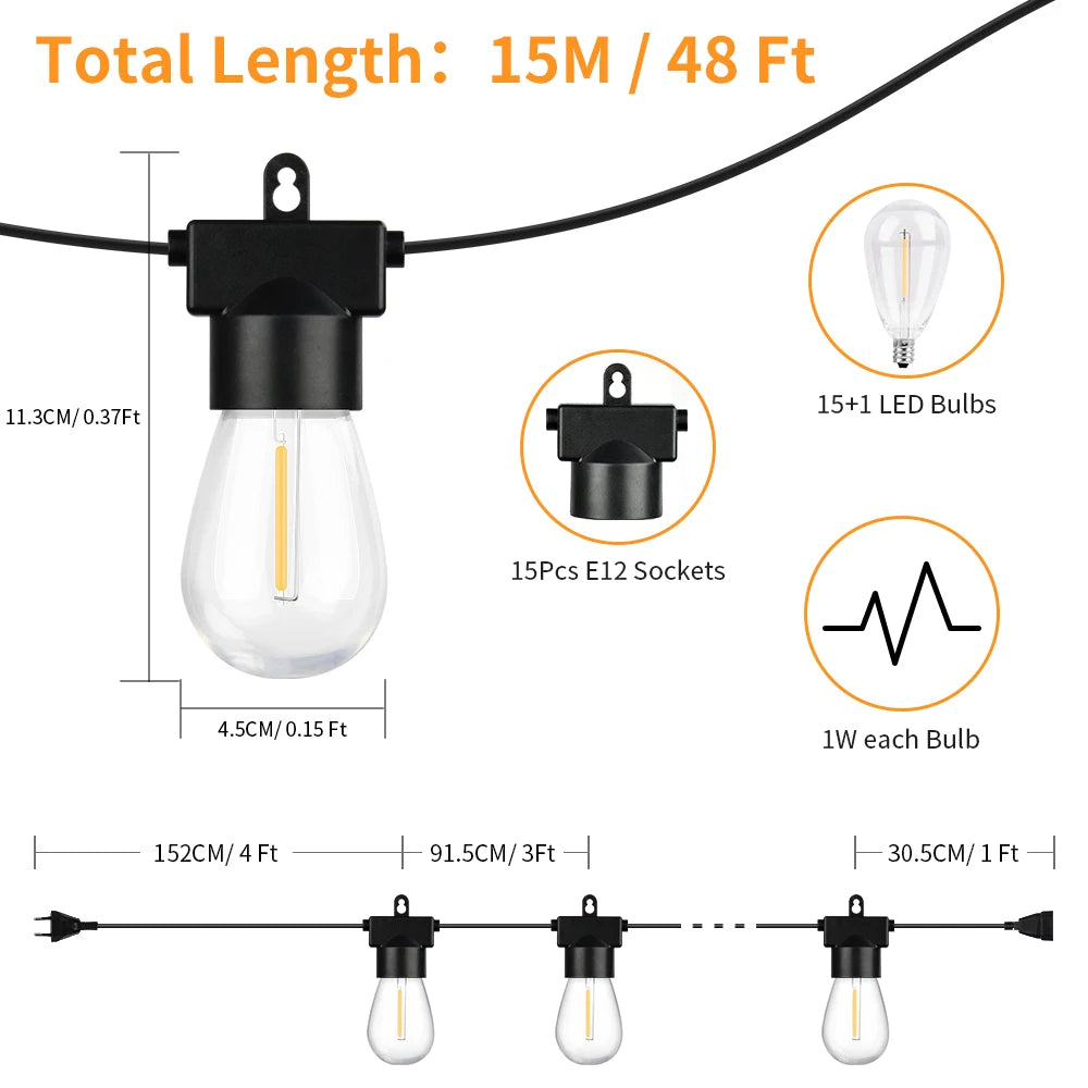 Arbrac ST38 LED-ljusslinga Utomhus IP44 – Varmvit 2200K Krossäker Fjärrkontroll Dimmer 15/18/20/30m Trädgård Bröllop Jul CE RoHS