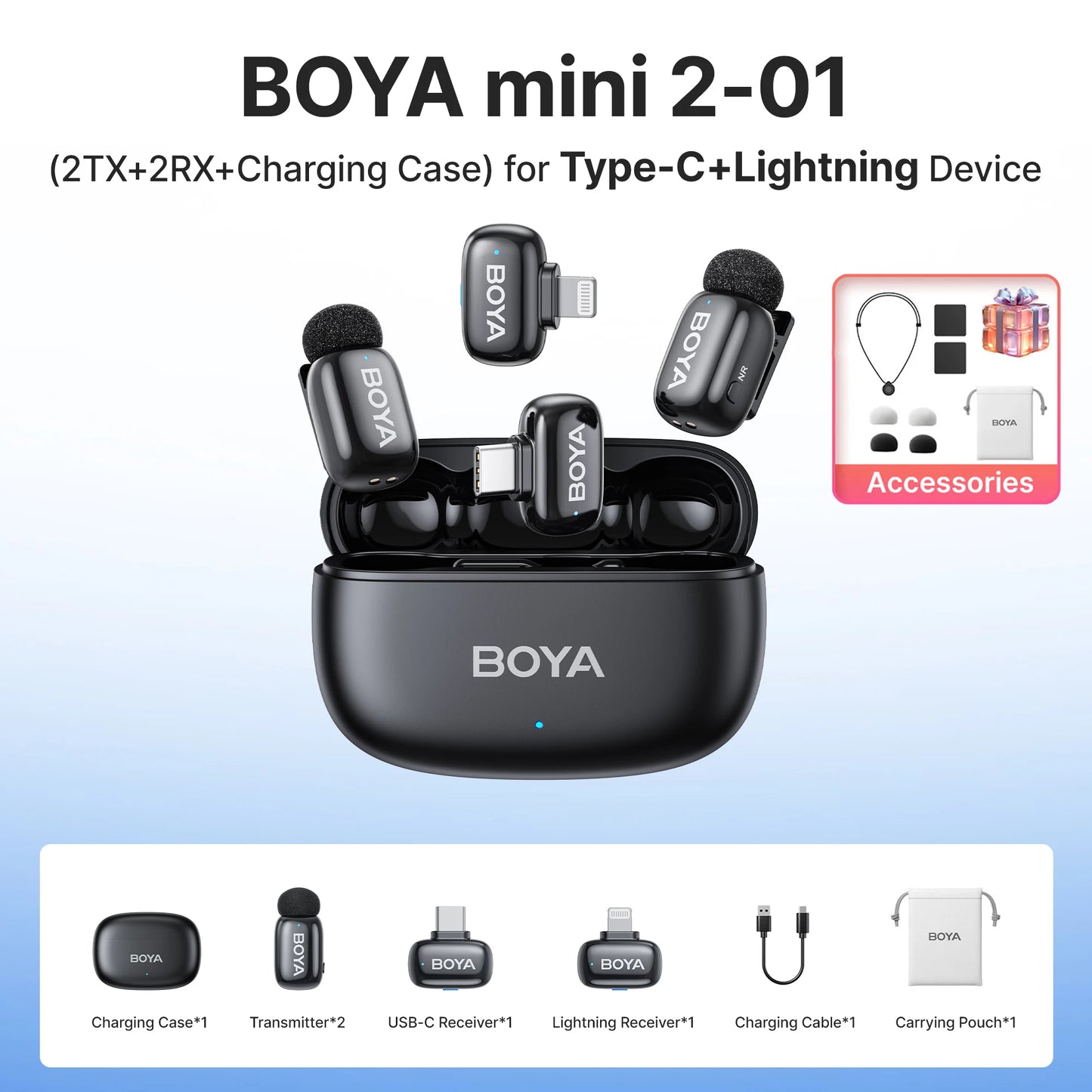 BOYA Mini 2 Wireless Lavalier Microphone AI Noise Reduction Mini Mic for iPhone 6-14/15-17 USB-C Android Phone Video Recording