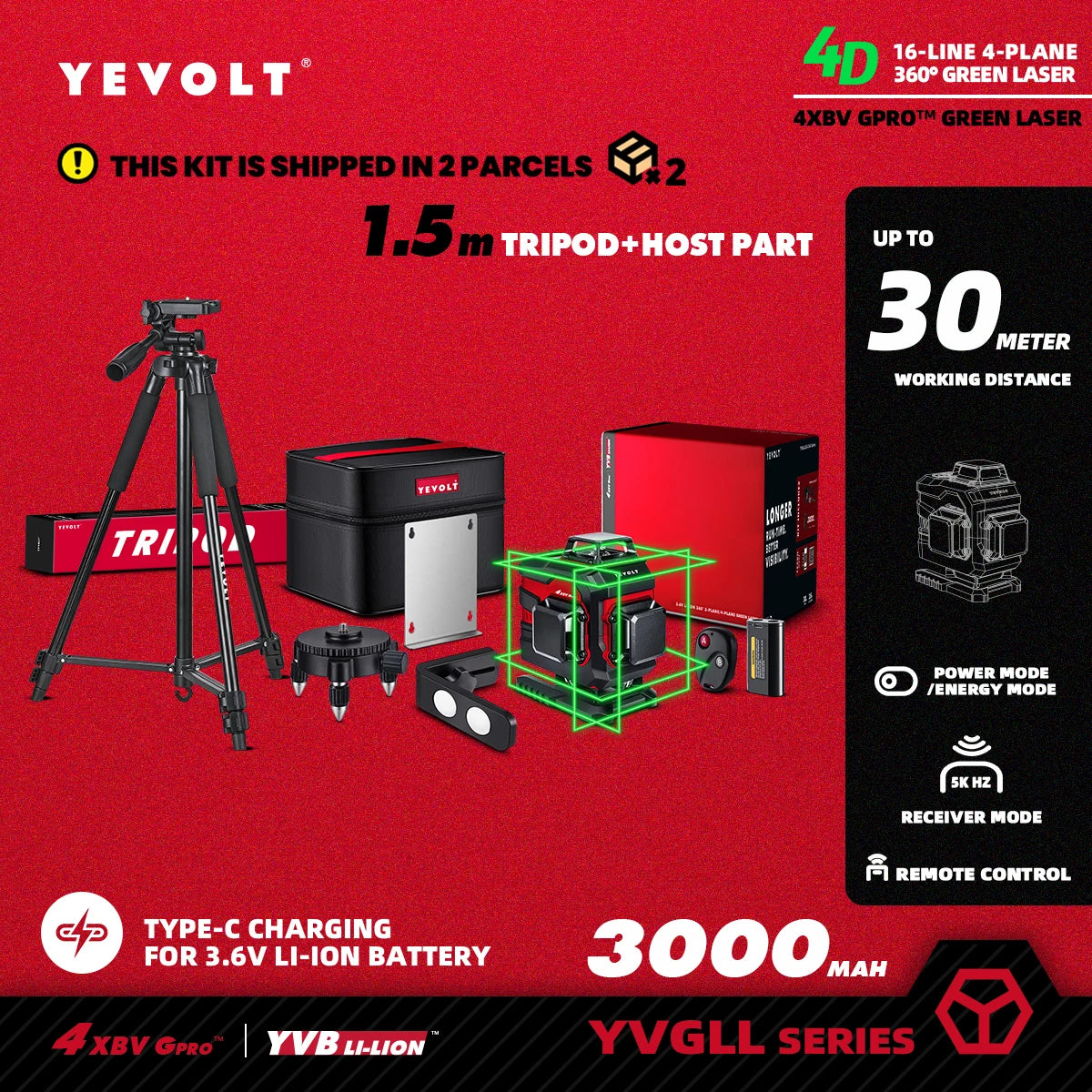 YEVOLT YVGLL4XS16 Grön Lasernivå – 4 Plan, 16 Linjer, Självnivellerande 360° 3D