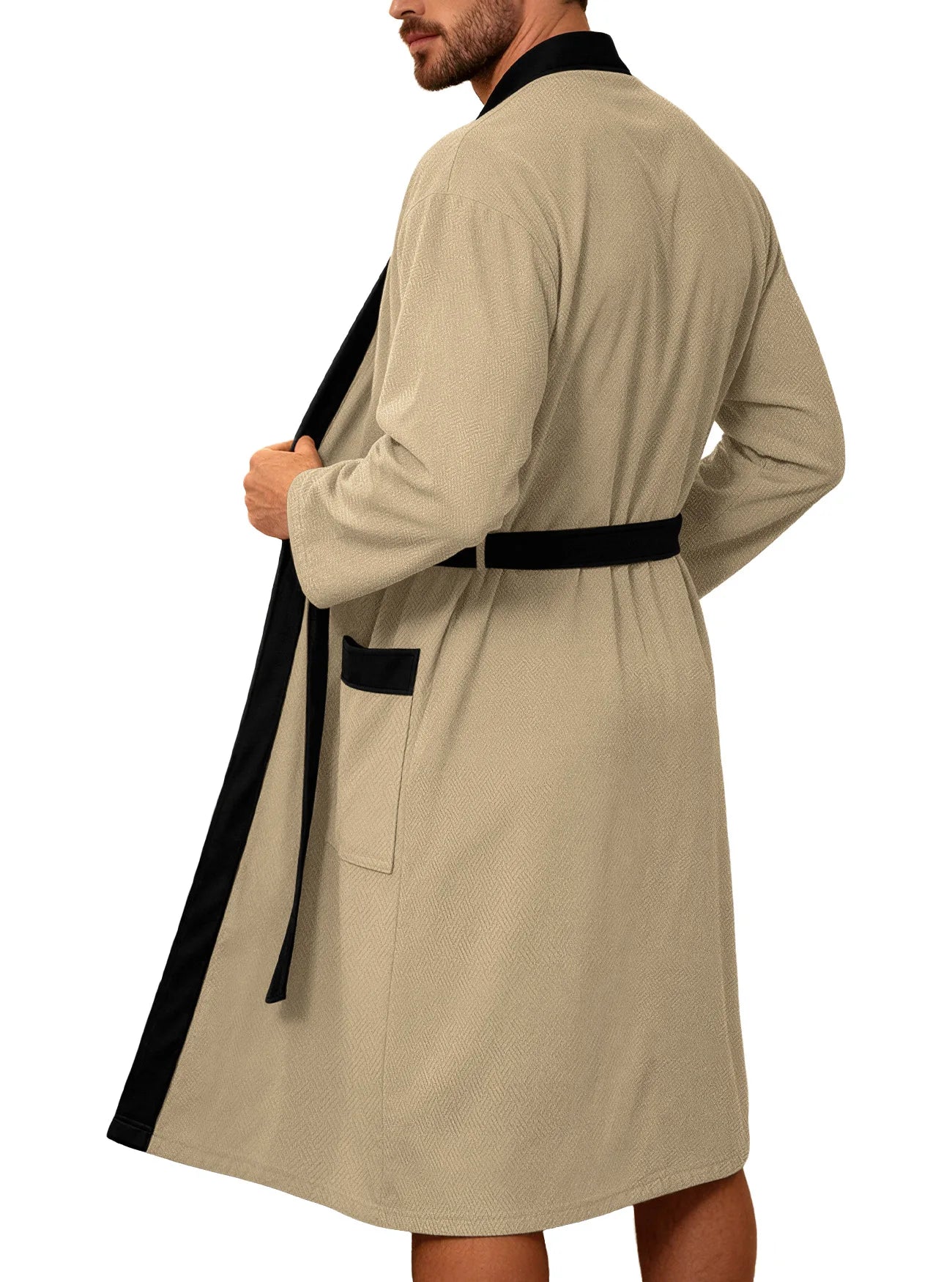 Men's Twill Fabric Long Bathrobe with Belt Design, Double Pockets, Casual Home Pajamas, Loose Fit, Hotel Resort Style, Nightwear