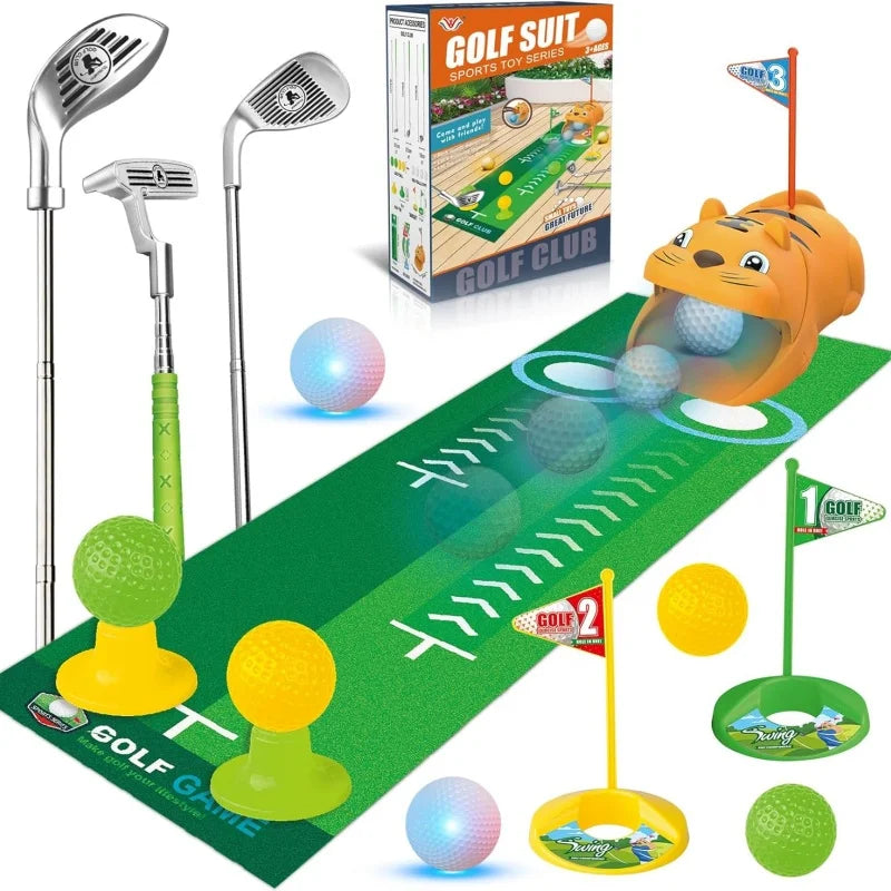 Upgraded Kids Golf Set With  Automatic Golf Returner 3 Clubs Putting Mat Mini Golf Games For Outdoor Sports Party Toy Gift