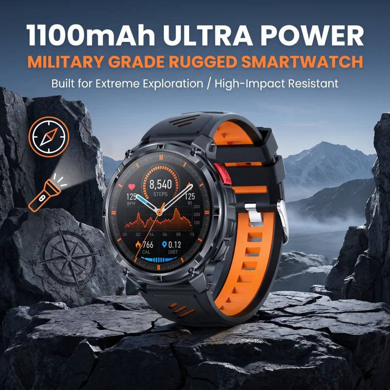 T-Rex3 Pro Militär Smartklocka 2026 – 1100mAh, GPS, Kompass, 5ATM, 14 Färger