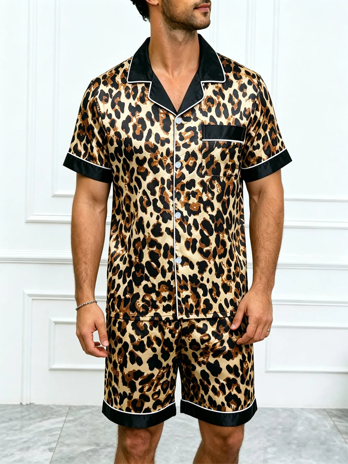 HZOIOYS randigt pyjamasset herr med satinkänsla – kortärmat, S–1XL