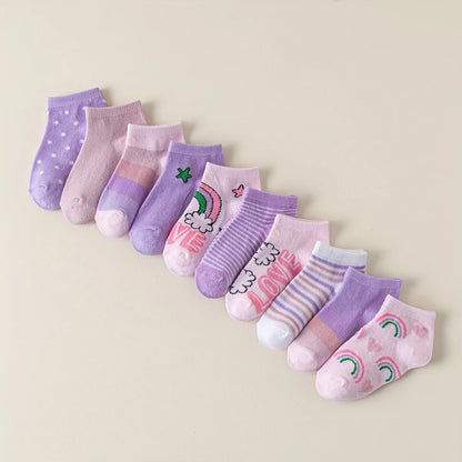 Random 10 pairs of children socks, love, flowers, stripes, dots, one-horned pattern, soft and comfortable to wear ankle socks.