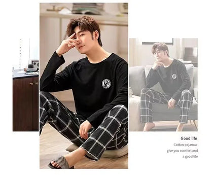 Herr Pyjamas Set Vår & Höst – Långärmad Randig Mjuk Koreansk Stil, 6 Färger M–XXL