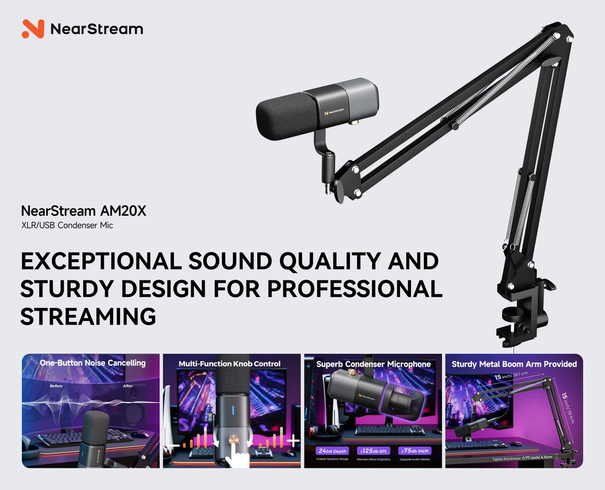 NearStream USB XLR Kondensatormikrofon med Bomarm Set för Streaming Podcast Studio