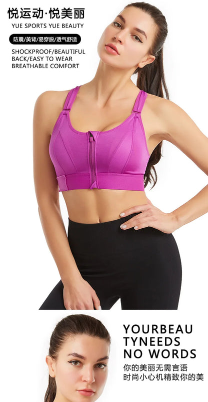 Women High Impact Shockproof Sports Bra Front Zip Adjustable Shoulder Straps Back Support Yoga Running Fitness Bralette