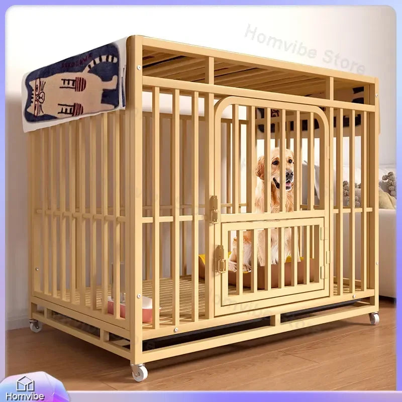 Heavy Duty Square Tube Dog Cage for Medium Large Dogs Indoor Metal Kennel with Toilet Tray Foldable Iron Pet Crate Furniture