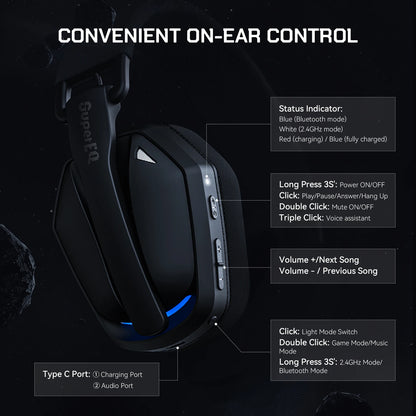 EKSA G19BT 2.4GHz Wireless Gaming Headphones Bluetooth 5.4 3.5mm Headset 30ms Low Latency 40mm RGB Hidden Mic 35H Foldable PC