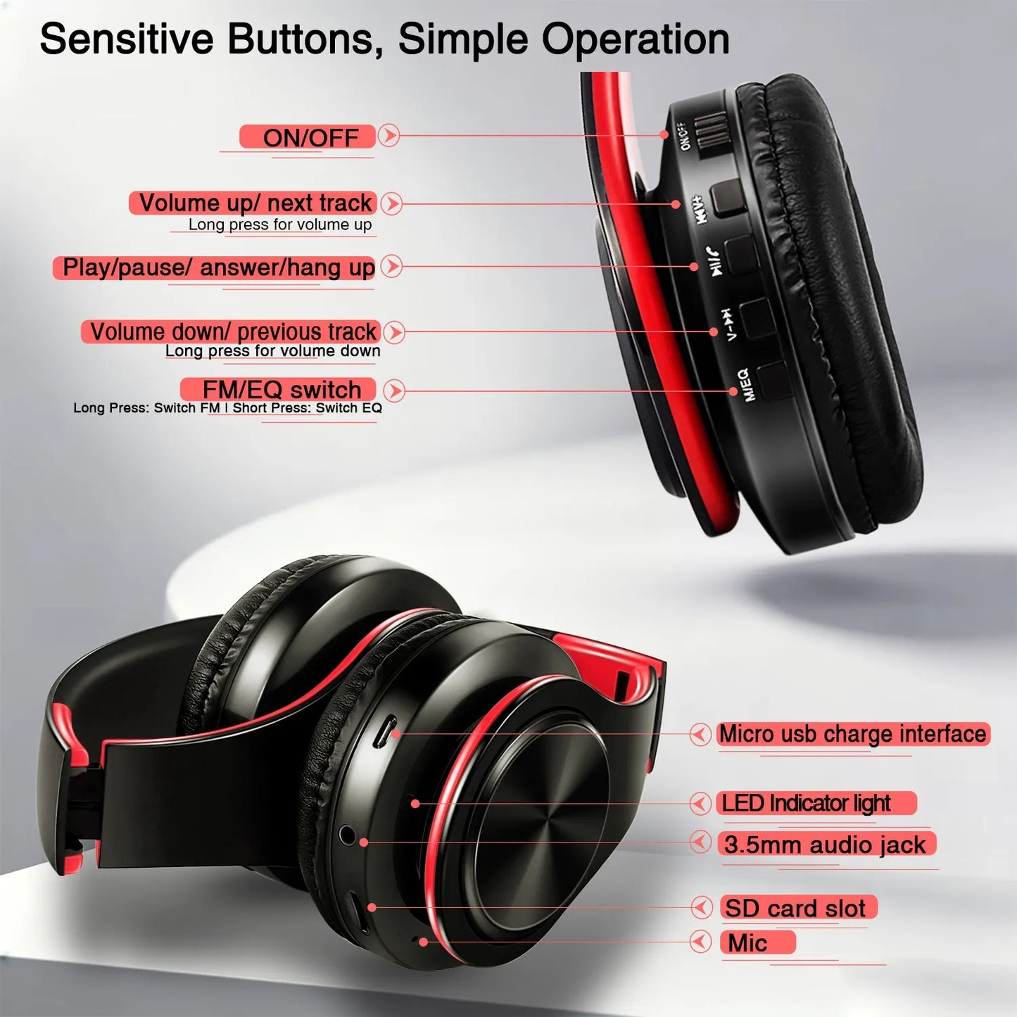 Wireless Bluetooth Headphone HI-FI Stereo Over-ear Earphone Foldable Gaming Music Headset TF Card with Mic Noise Cancelling