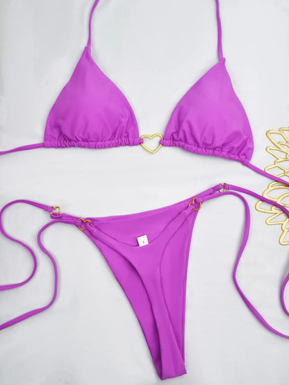 Sexy Halter Solid Color Low Waist Bikini Set Women's Swimsuit Two-piece Triangle Thong Swimwear Bathing Suit Brazilian Biquinis