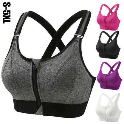 Women High Impact Shockproof Sports Bra Front Zip Adjustable Shoulder Straps Back Support Yoga Running Fitness Bralette