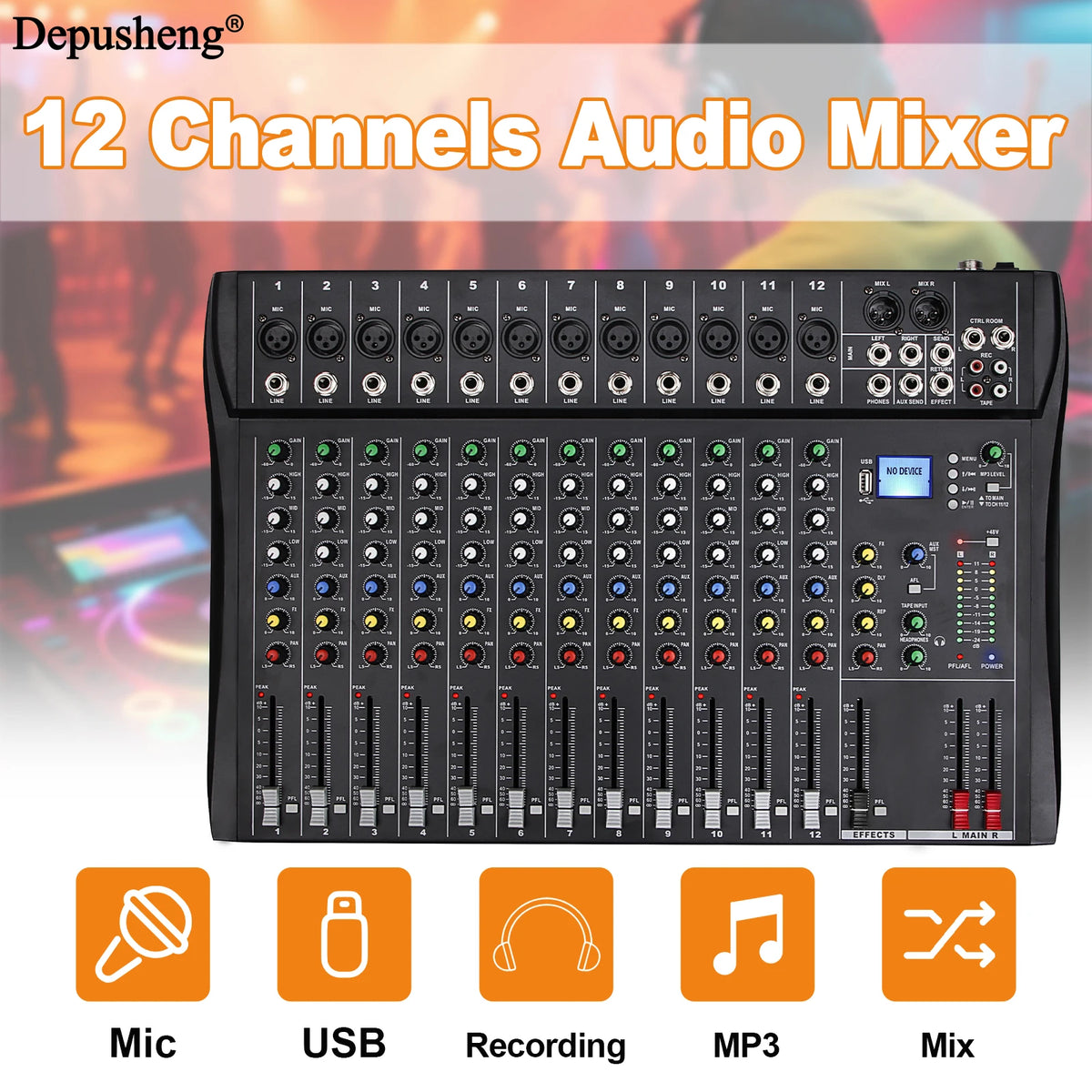 Audio Mixer 6/8/12 Channels Professional DJ Mixer LR Microphone/Line Input, AUX, FX Processor MP3, Headphones, +48V Phantom