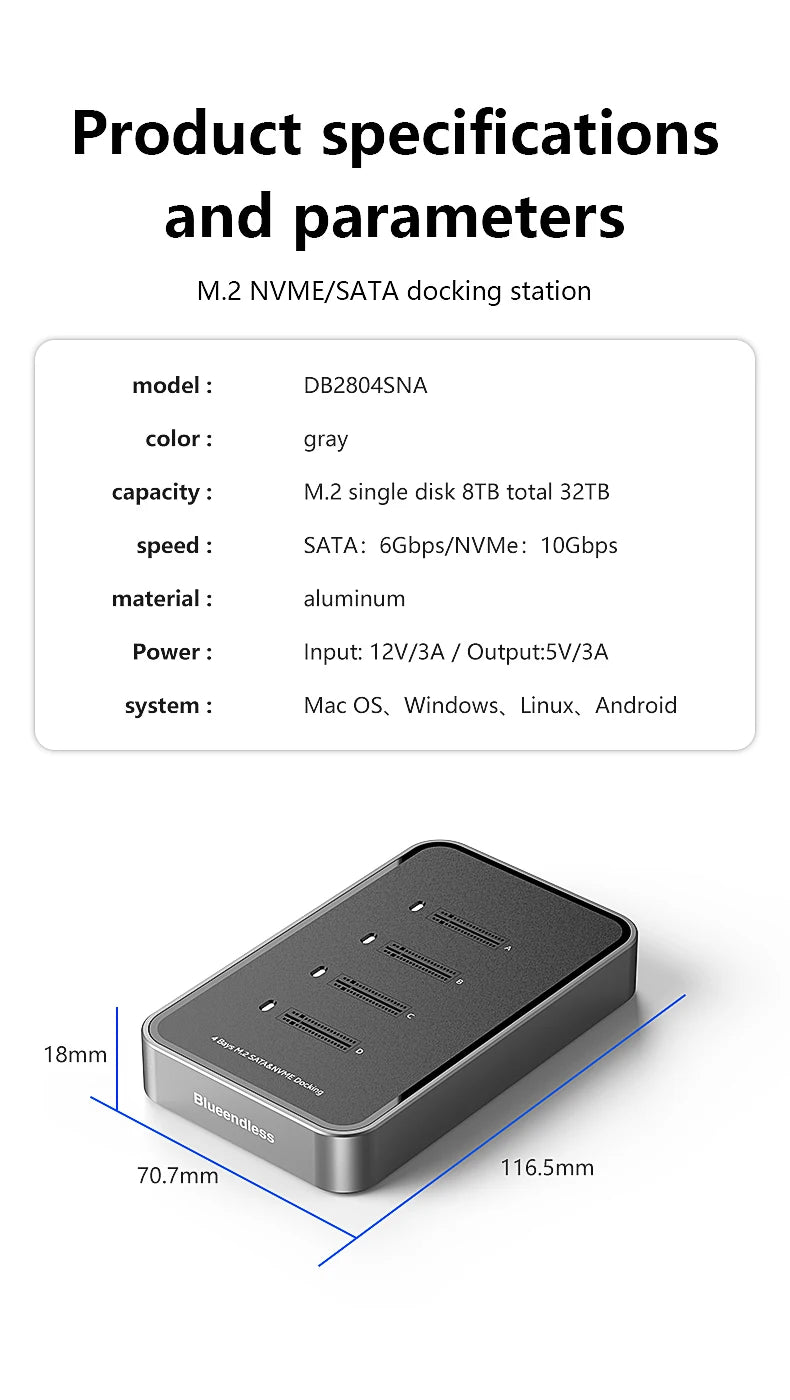 Blueendless 4 Bay M.2 NVMe/SATA SSD Docking Station Type C USB3.1 10Gbps M2 NVMe PCIe SATA NGFF Dual Protocol Aluminum SSD Case
