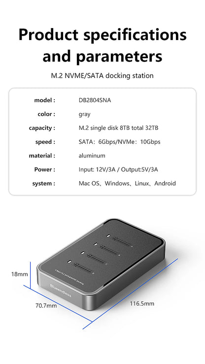 Blueendless 4 Bay M.2 NVMe/SATA SSD Docking Station Type C USB3.1 10Gbps M2 NVMe PCIe SATA NGFF Dual Protocol Aluminum SSD Case