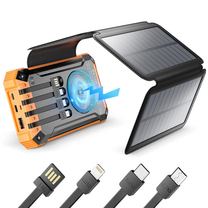 Solcell Powerbank 32 000mAh – 4 Vikbara Solpaneler 6W, Qi Trådlös, Inbyggda Kablar, LED-lampa, 15W, EU-lager
