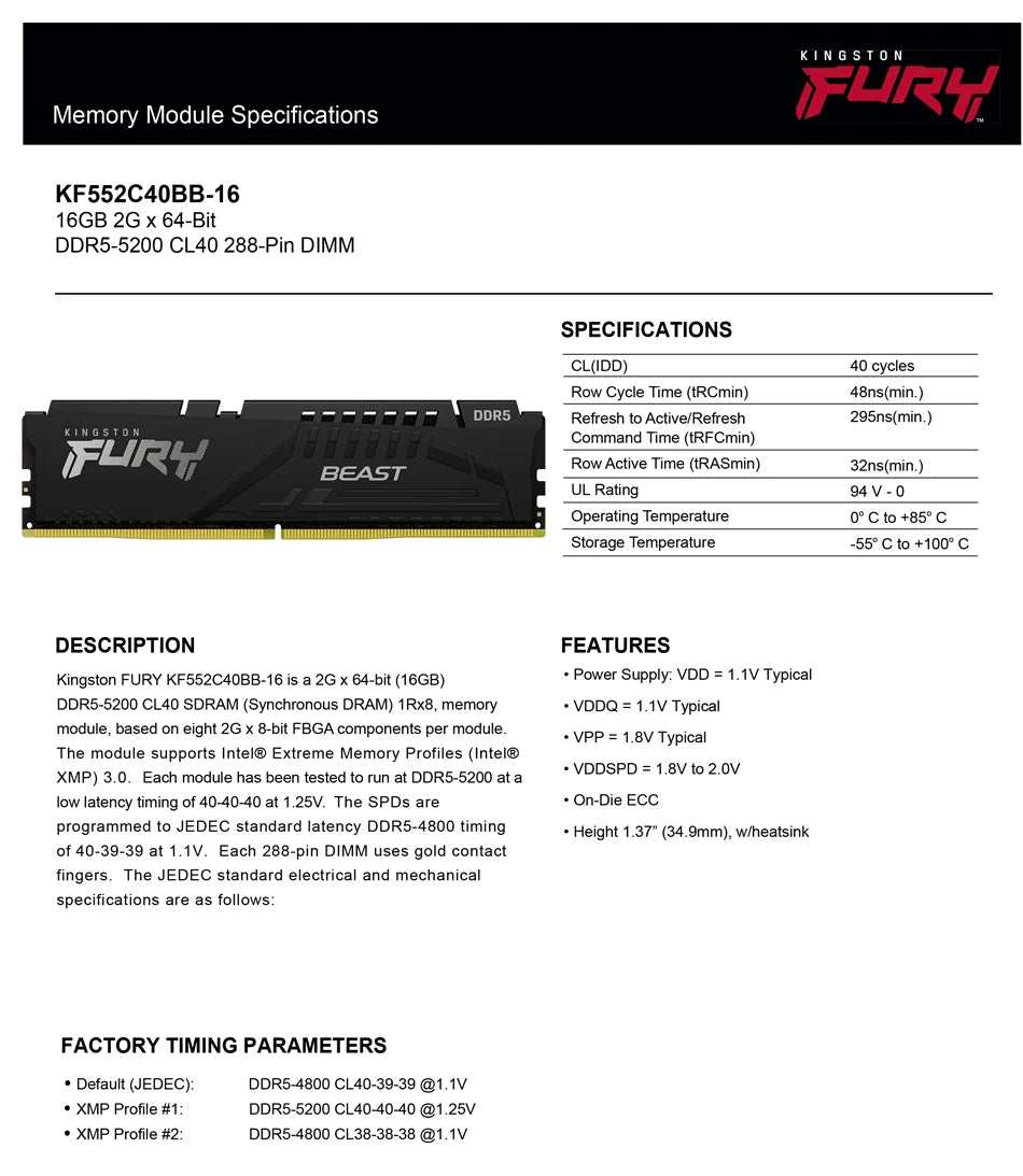 Kingston Fury Beast DDR5 Memory 16 8GB 4800 5200 5600MHz Desktop for AMD Intel CPU Motherboard Memory RAMs 288 PIN Memory Module