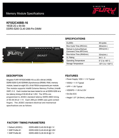 Kingston Fury Beast DDR5 Memory 16 8GB 4800 5200 5600MHz Desktop for AMD Intel CPU Motherboard Memory RAMs 288 PIN Memory Module