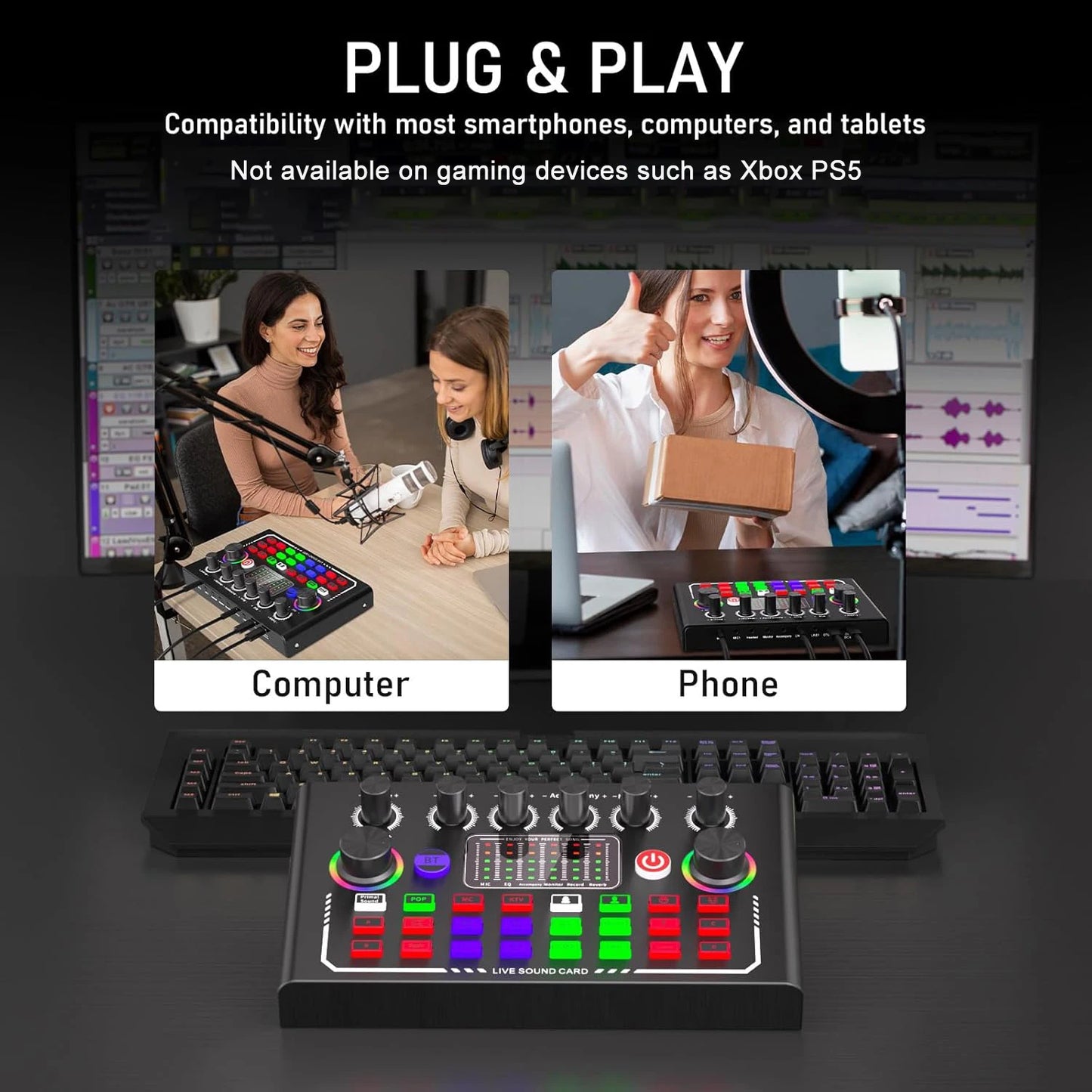 Podcast Equipment Bundle with BM800 Studio Microphone, Live Sound Card with DJ Mixer Effects, Suitable for Live Game, Streaming