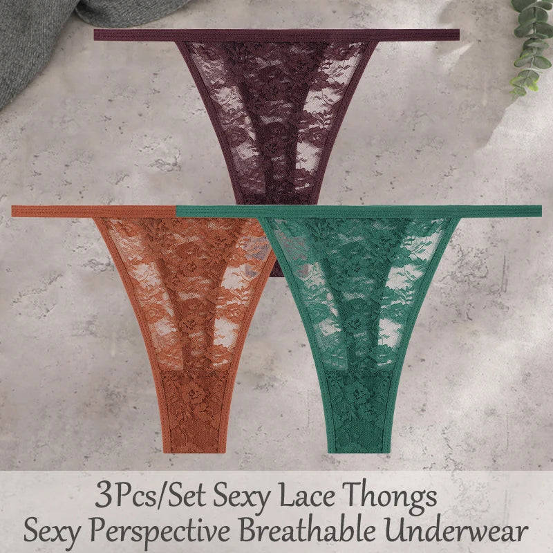 3Pcs/Set Sexy Lace Floral Panties For Women Solid Color Transparent Underwear Female Lace Perspective Hollow Out G-string Thongs