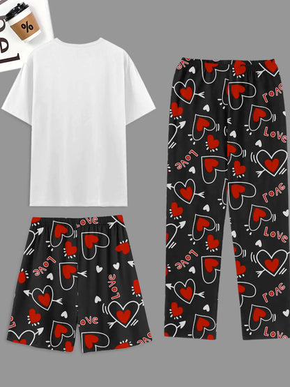 Men's pajama set of 3 pieces, heart-shaped printed shorts, pants and a top print of "I Like My Girlfriend"