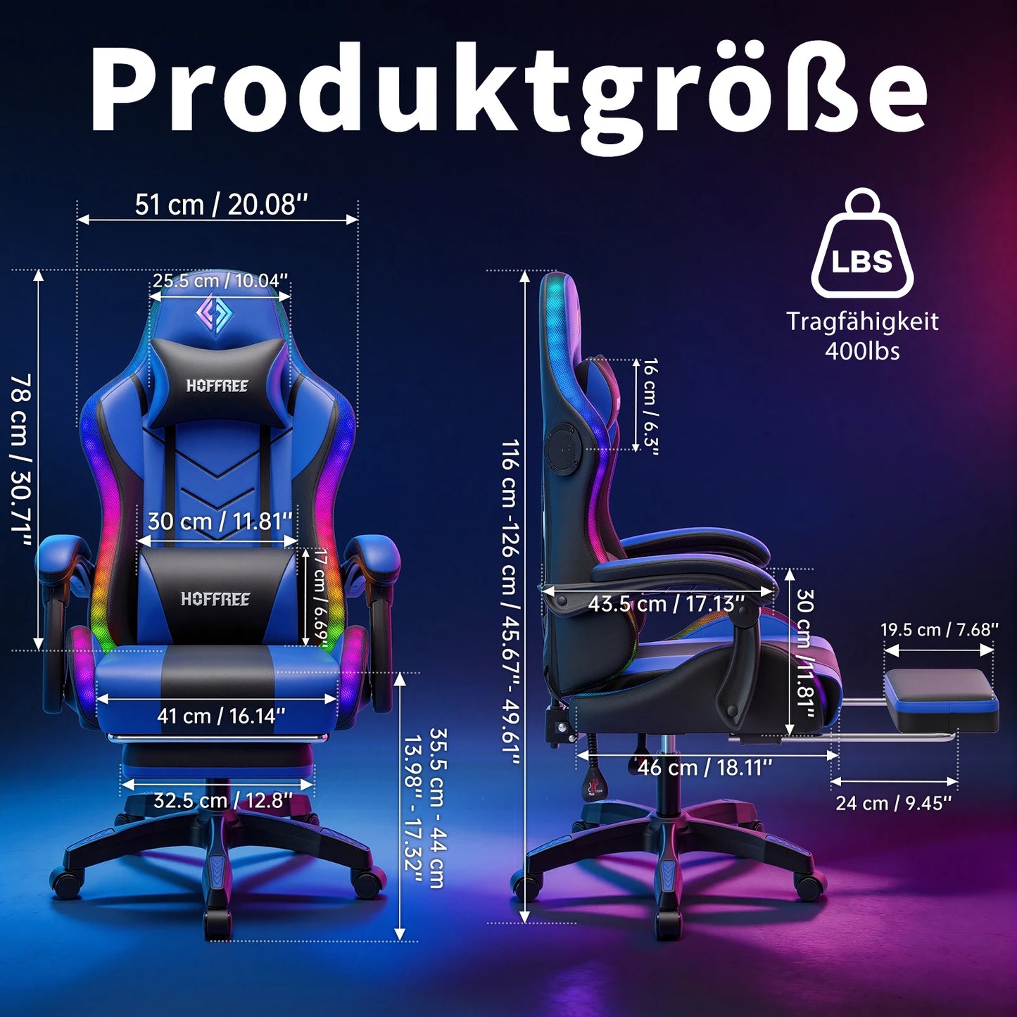 300lbs Gaming Chair with Music Rhythm RGB LED Lights and Wireless Speakers Ergonomic Massage Computer Gaming Chair with Footrest