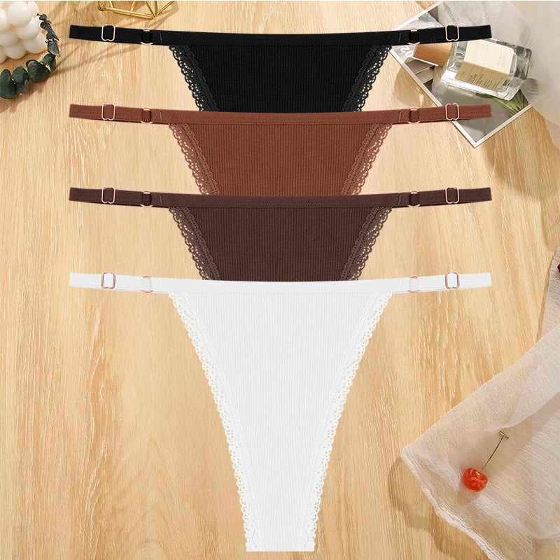 4Pc G-String Cotton Lace Women Thongs Lingerie Low Rise Panties Adjustable Waistband Straps Hipster Underwear For Girl Intimates