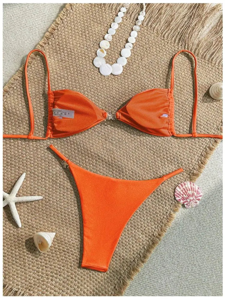 Cikini Women's Sexy Bikini Two Pieces Set Accessories Glossy Texture Special Fabric Solid Color Summer Beach Swimwear