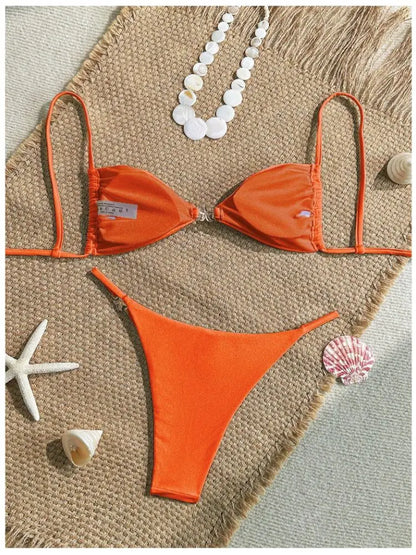 Cikini Women's Sexy Bikini Two Pieces Set Accessories Glossy Texture Special Fabric Solid Color Summer Beach Swimwear
