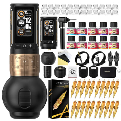 Ambition Ninja Max 280 Wireless Tattoo Machine Pen Full Kit Adjustable Stroke Brushless Motor 20pcs Mixed Needle 10 Inks Set