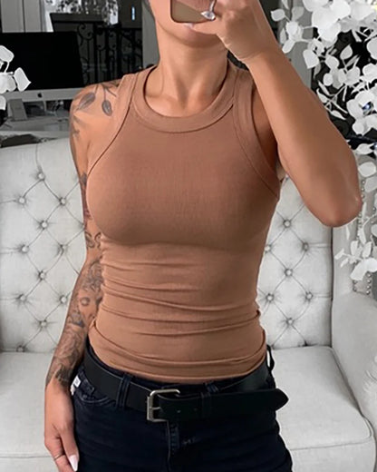 Dam Solid Rund Hals Ribbad Linne Top