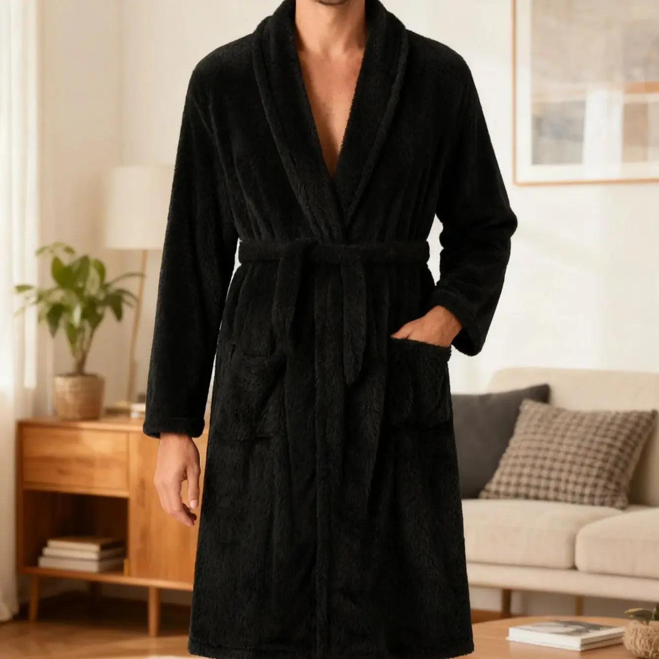 Men's soft home, outdoor sun drying, long sleeved nightgown, polyester fiber, convenient after bathing, adjustable nightgown