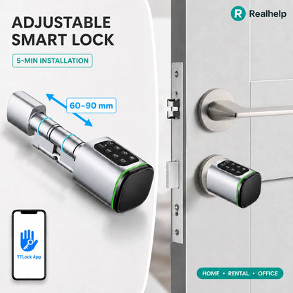 TTlock APP Control Smart Lock, Electronic Password Lock, Adjustable Length Smart Lock, Electronic Lock with RFID Card Application, Bluetooth, 60-90mm Silver,Simple Access for Relatives and Guests