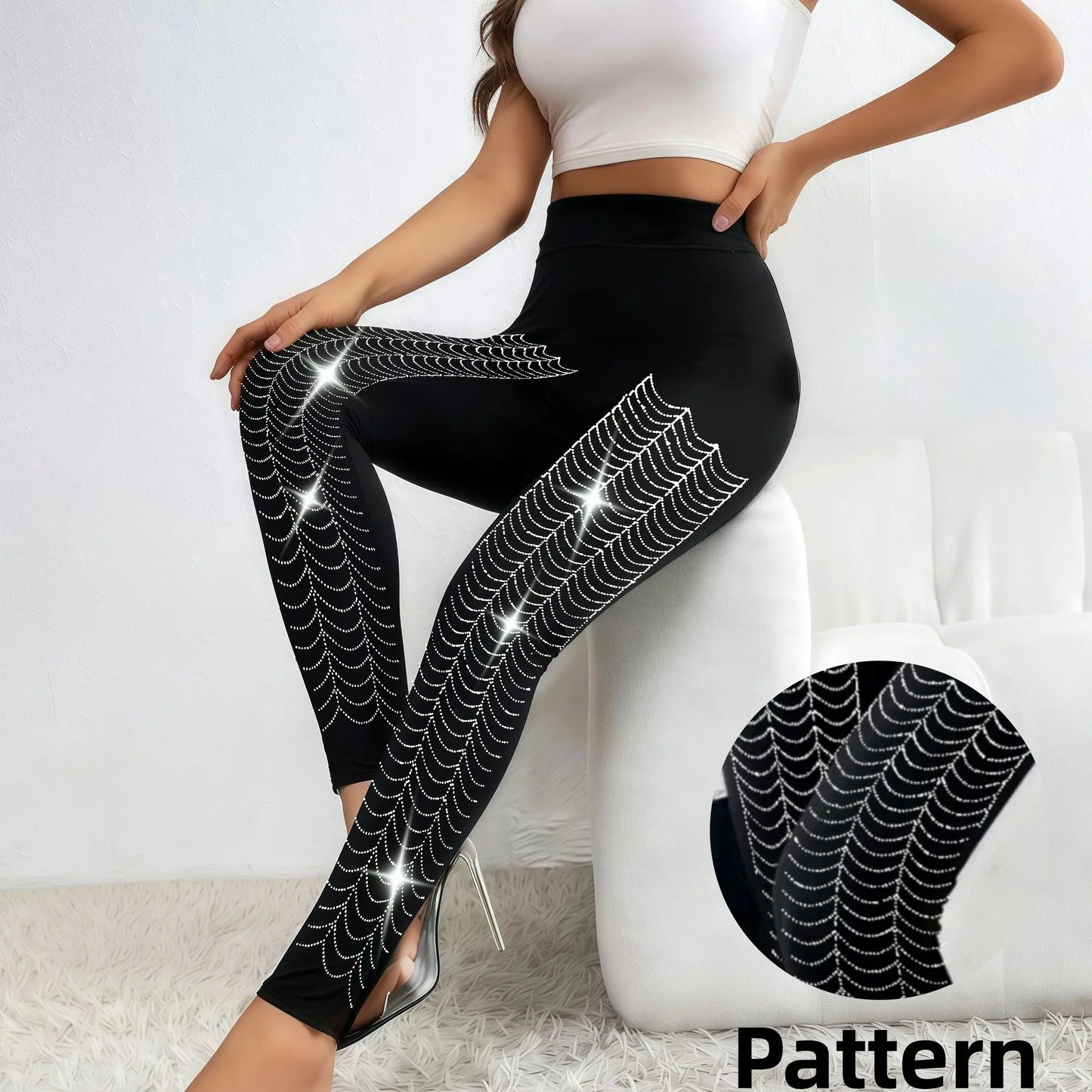Women's Sparkly Spider Web Rhinestone Embellished Side Glitter Tight Leggings Sexy Club Party Pants