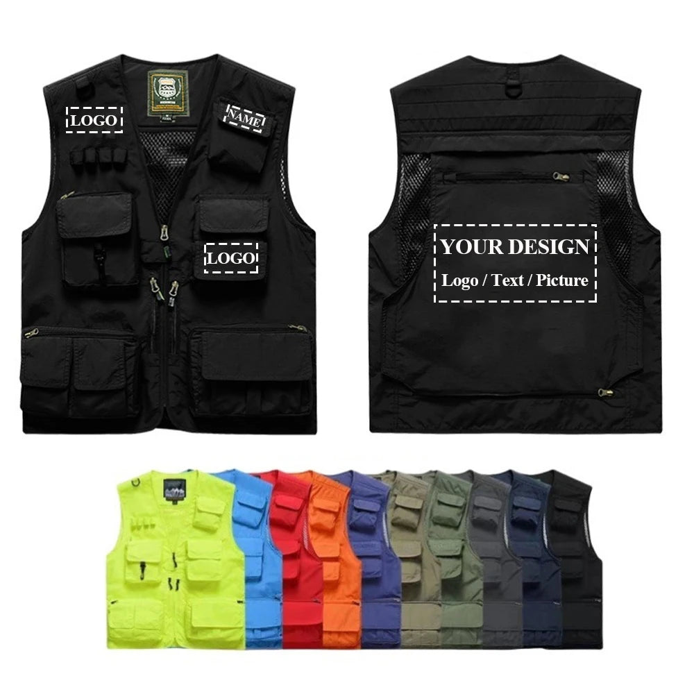 S-7XL Multi Pocket Work Vest for Men Women Volunteer Working Uniforms Logo Printing Fishing Photography Workwear Vest