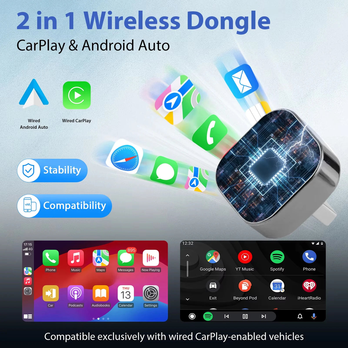 XUDA 2-i-1 Trådlös CarPlay och Android Auto-adapter – 5,8GHz WiFi, Plug & Play och OTA-uppdateringar