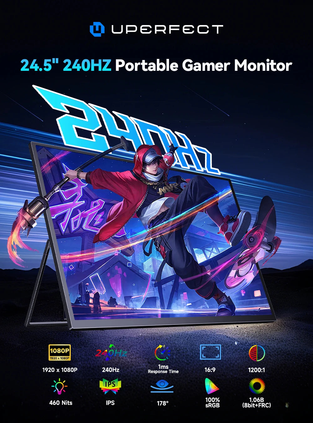 UPERFECT 24,5" Portabel Gaming Monitor – 240Hz 1ms IPS 460 nits HDR10 FreeSync USB-C Mini-HDMI VESA Laptop PS5 Switch