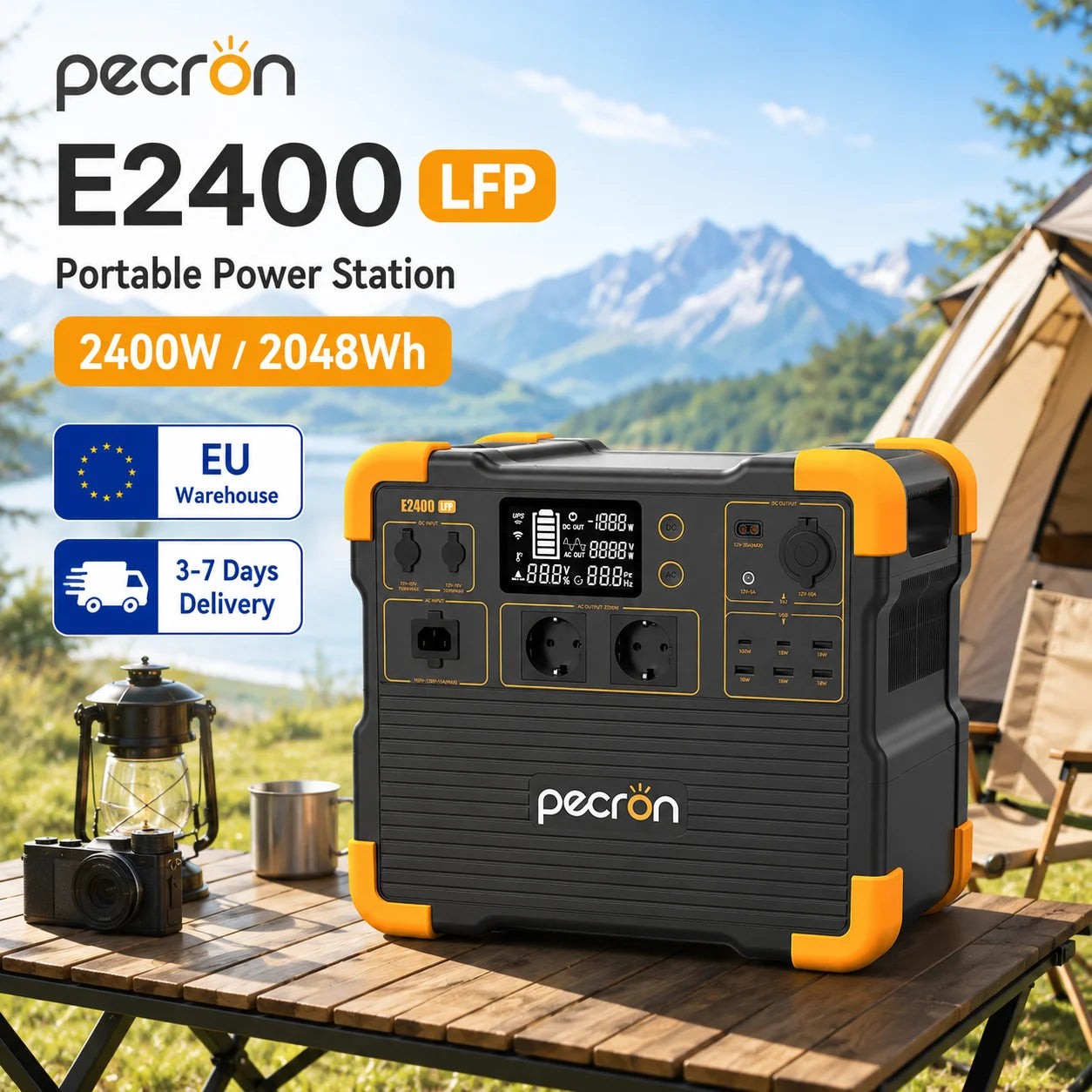 Pecron E2400 LFP 2400W Portable Power Station 2048Wh LiFePO4 Solar Generator with UPS Expandable to 8192Wh 1.6H Fast Charge 800W Solar Input for Home Emergency Camping RV Off-Grid