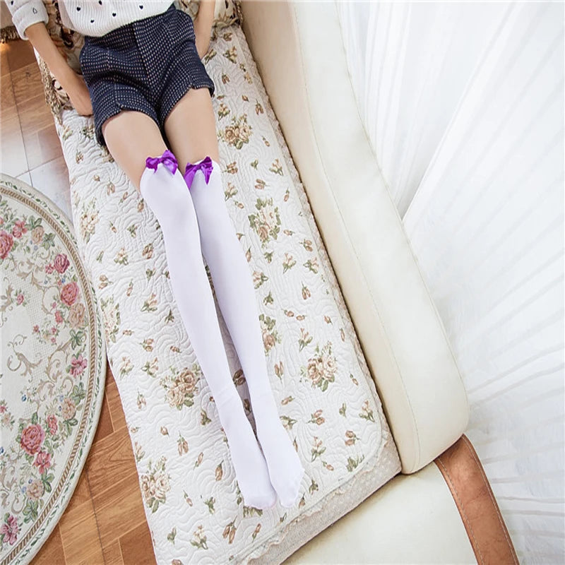 Dam Overknee Strumpor med Satinrosett – Elastiska Spets Tights Kväll & Fest, 3 Färger