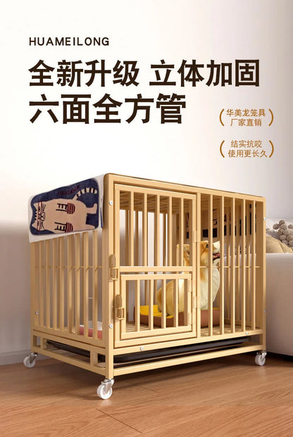 Heavy Duty Square Tube Dog Cage for Medium Large Dogs Indoor Metal Kennel with Toilet Tray Foldable Iron Pet Crate Furniture