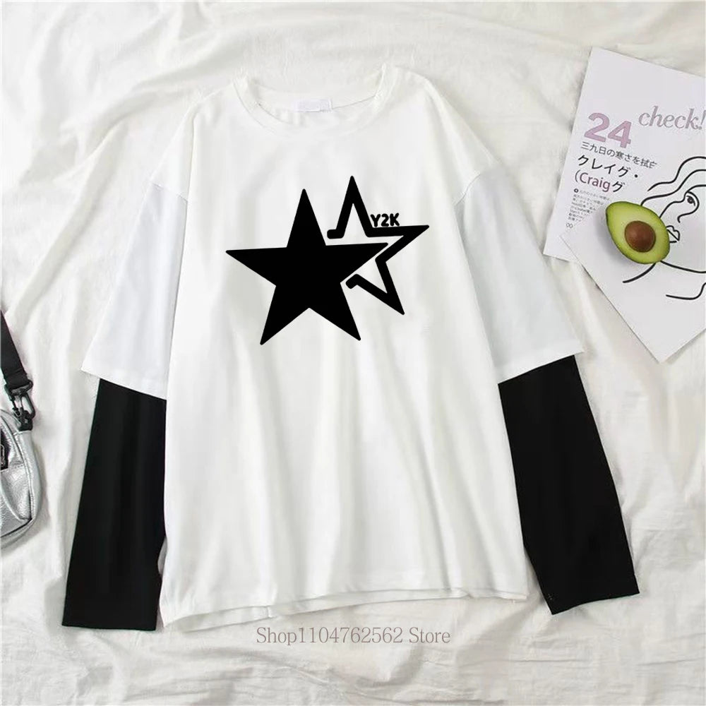 Women Star Y2K Print Graphic Fake Two Long Sleeved T-shirts Fashion Gothic Retro Casual Loose Fake Two Long Sleeved T Shirt