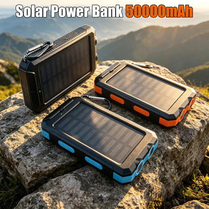 Rscrola Solcells Powerbank 50000mAh – Dual USB USB-C LED-ficklampa Kompass CE FCC RoHS Orange Blå Svart