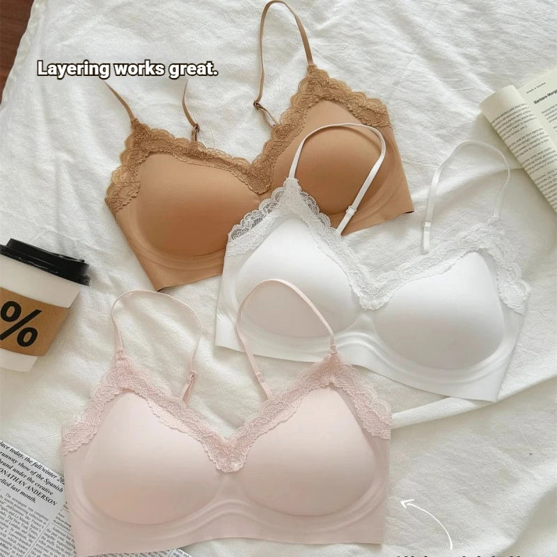 French Lace Bra V Neck Seamless Bra Women's Adjustable Thin Strap Wireless Thin Cup Layering Base Intimates Lingerie Solid S-XL