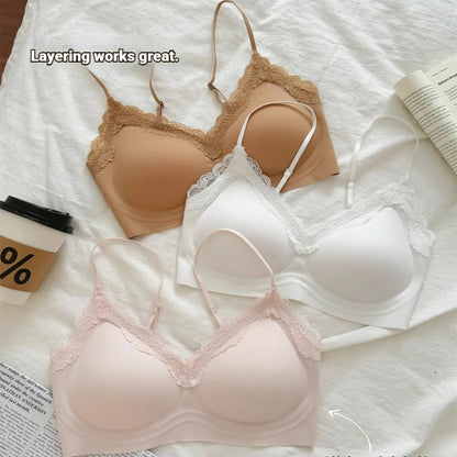 French Lace Bra V Neck Seamless Bra Women's Adjustable Thin Strap Wireless Thin Cup Layering Base Intimates Lingerie Solid S-XL