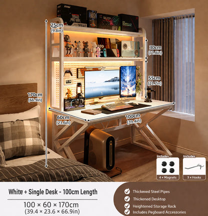 Gaming Desk with Bookshelf and Pegboard Computer Desk with Storage Shelf Home Office Study Desk for Bedroom Small Space